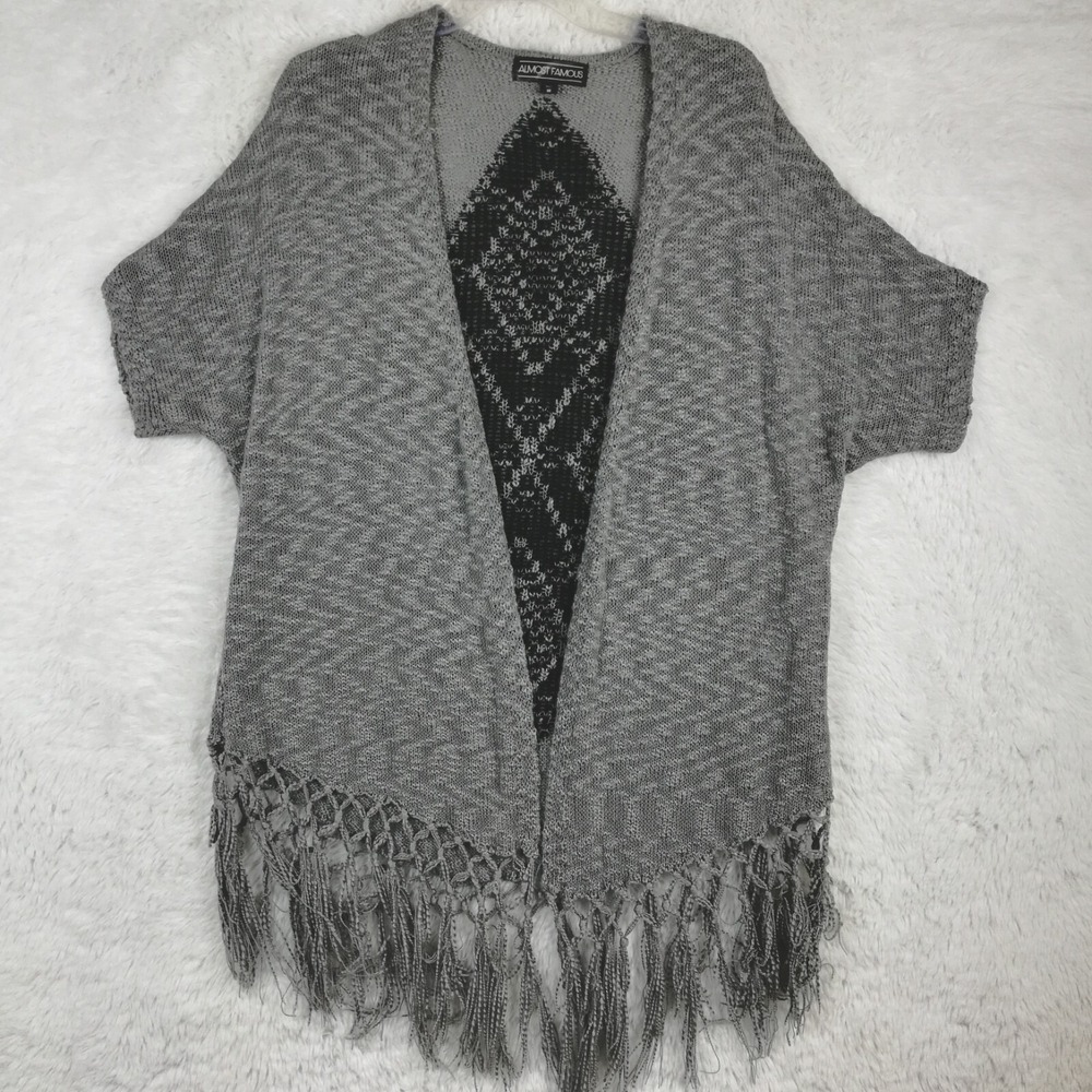 Almost Famous Sweater Womens Open Cardigan Acrylic Diamond Gray Knit Tassles M